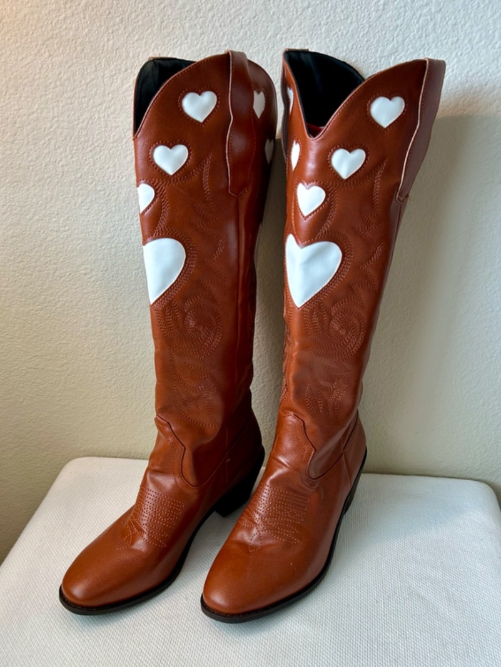 Cowboy Boot Tall Brown White Hearts Inlay Pull Strap Wide Calf Heel 1.5" 38/7.5 - Picture 14 of 14